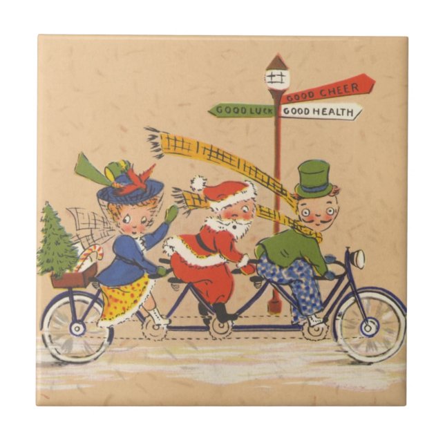 Vintage Christmas, Santa Claus Riding a Bicycle Tile (Front)