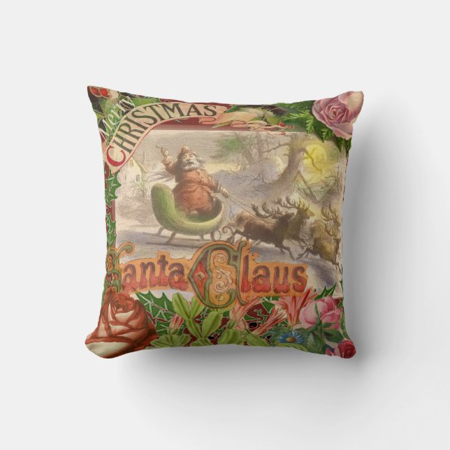 Vintage Christmas Santa Claus Sleigh Cushion (Front)