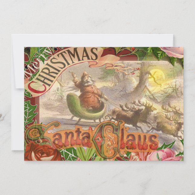 Vintage Christmas Santa Claus Sleigh Holiday Card (Front)