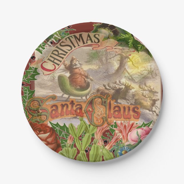 Vintage Christmas Santa Claus Sleigh Paper Plate (Front)