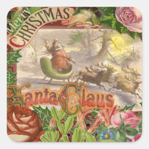 Vintage Christmas Santa Claus Sleigh Square Sticker