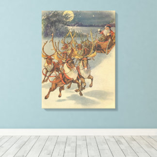 Vintage Christmas Santa Claus Sleigh with Reindeer Canvas Print