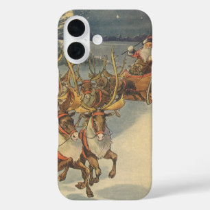 Vintage Christmas Santa Claus Sleigh with Reindeer iPhone 16 Case