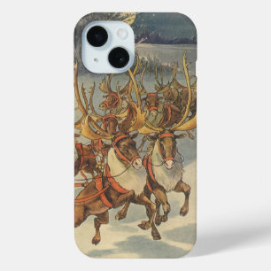 Vintage Christmas Santa Claus Sleigh with Reindeer iPhone 15 Case