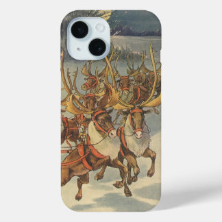 Vintage Christmas Santa Claus Sleigh with Reindeer iPhone 15 Case