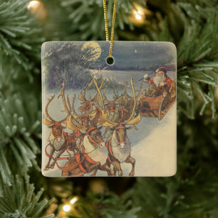 Vintage Christmas Santa Claus Sleigh with Reindeer Ceramic Tree Decoration