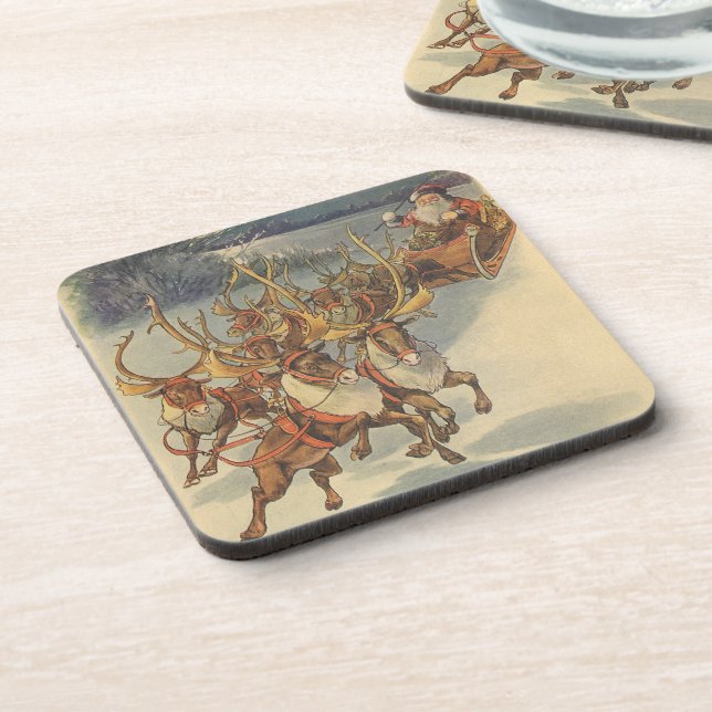 Vintage Christmas Santa Claus Sleigh with Reindeer Coaster (Left Side)