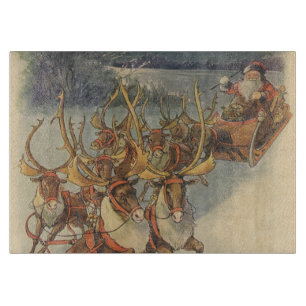 Vintage Christmas Santa Claus Sleigh with Reindeer Cutting Board