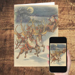 Vintage Christmas Santa Claus Sleigh with Reindeer Holiday Card<br><div class="desc">Vintage illustration Victorian Merry Christmas holiday scene featuring Santa Claus and his reindeer delivering toys on Christmas Eve. Santa is flying over the snow on a chilly winter night with a full moon in the sky.</div>
