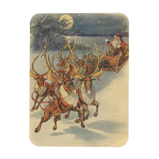 Vintage Christmas Santa Claus Sleigh with Reindeer Magnet (Vertical)