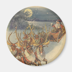 Vintage Christmas Santa Claus Sleigh with Reindeer Magnet