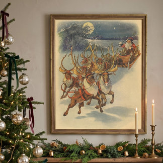 Vintage Christmas Santa Claus Sleigh with Reindeer Poster
