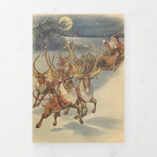 Vintage Christmas Santa Claus Sleigh with Reindeer Tri-Fold Holiday Card