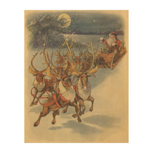Vintage Christmas Santa Claus Sleigh with Reindeer Wood Wall Art