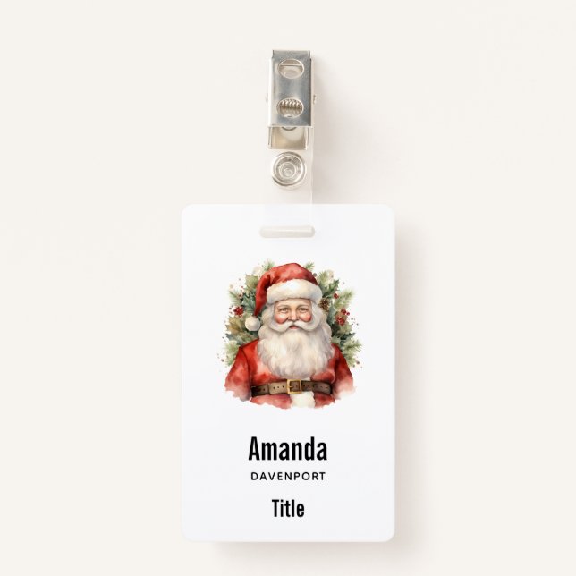 Vintage Christmas Santa Claus Smiling ID Badge (Front with Clip)