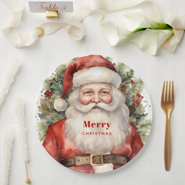 Vintage Christmas Santa Claus Smiling Paper Plate (Wedding)