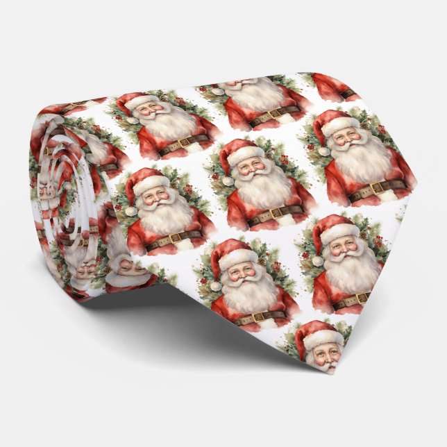 Vintage Christmas Santa Claus Smiling Pattern Tie (Rolled)