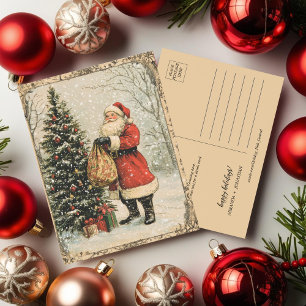 Vintage Christmas Santa Claus, snow and  tree Holiday Postcard