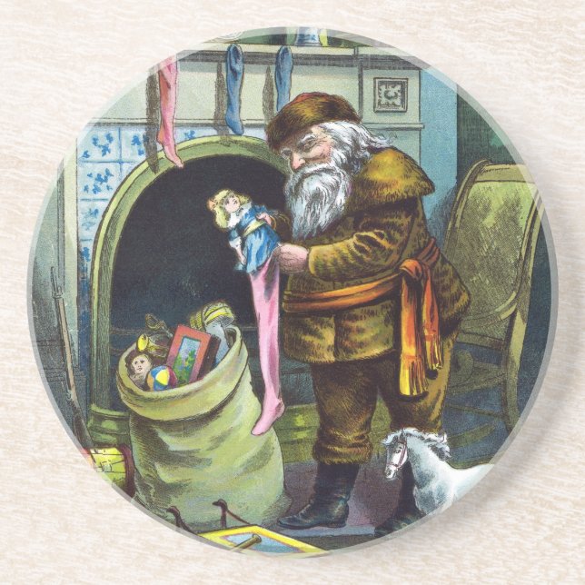 Vintage Christmas, Santa Claus Stockings with Toys Coaster (Front)