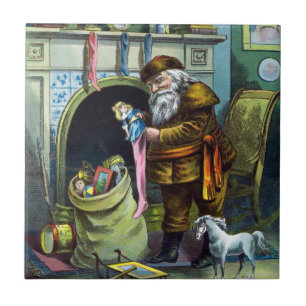 Vintage Christmas, Santa Claus Stockings with Toys Tile