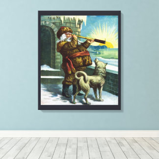 Vintage Christmas Santa Claus Telescope Dog Sunset Canvas Print