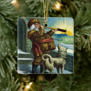 Vintage Christmas Santa Claus Telescope Dog Sunset Ceramic Tree Decoration