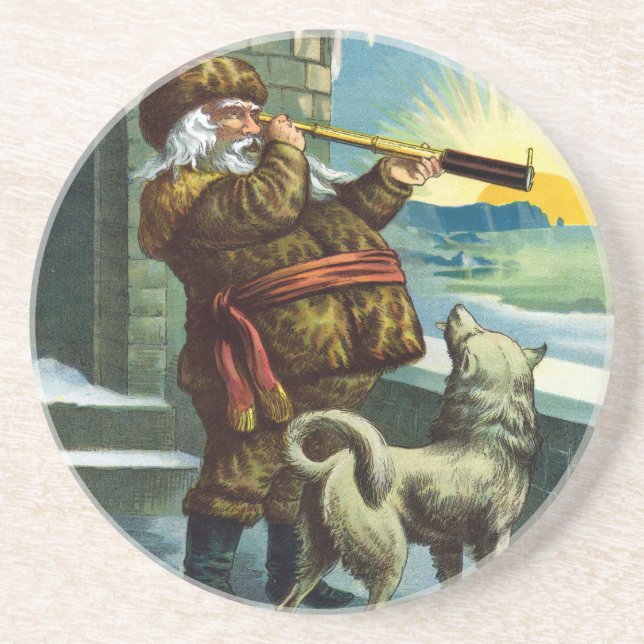 Vintage Christmas Santa Claus Telescope Dog Sunset Coaster (Front)