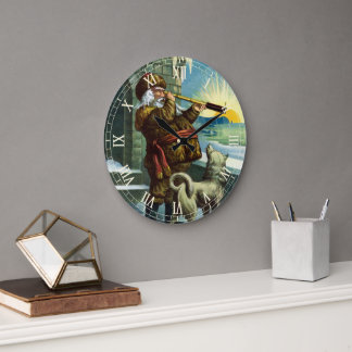 Vintage Christmas Santa Claus Telescope Dog Sunset Large Clock