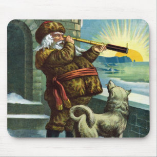 Vintage Christmas Santa Claus Telescope Dog Sunset Mouse Mat