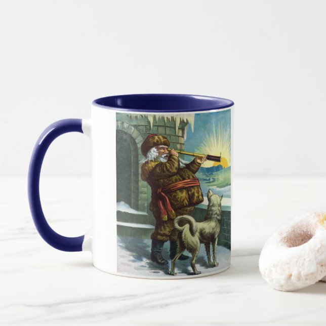 Vintage Christmas Santa Claus Telescope Dog Sunset Mug (With Donut)