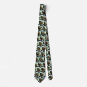 Vintage Christmas Santa Claus Telescope Dog Sunset Tie