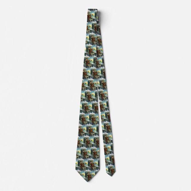 Vintage Christmas Santa Claus Telescope Dog Sunset Tie (Front)
