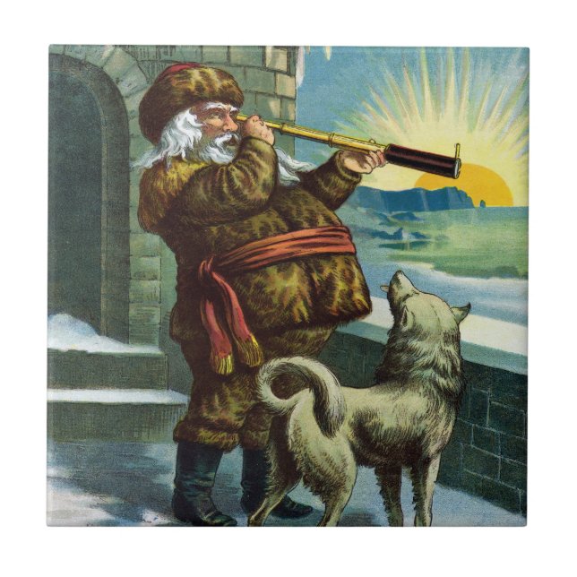 Vintage Christmas Santa Claus Telescope Dog Sunset Tile (Front)