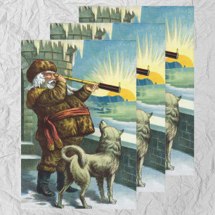 Vintage Christmas Santa Claus Telescope Dog Sunset Wrapping Paper Sheet