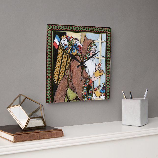 Vintage Christmas, Santa Claus Toys Clogs Shoes Square Wall Clock (Office)