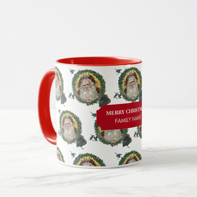 Vintage Christmas Santa Claus Turkeys Custom Name Mug (Front Left)