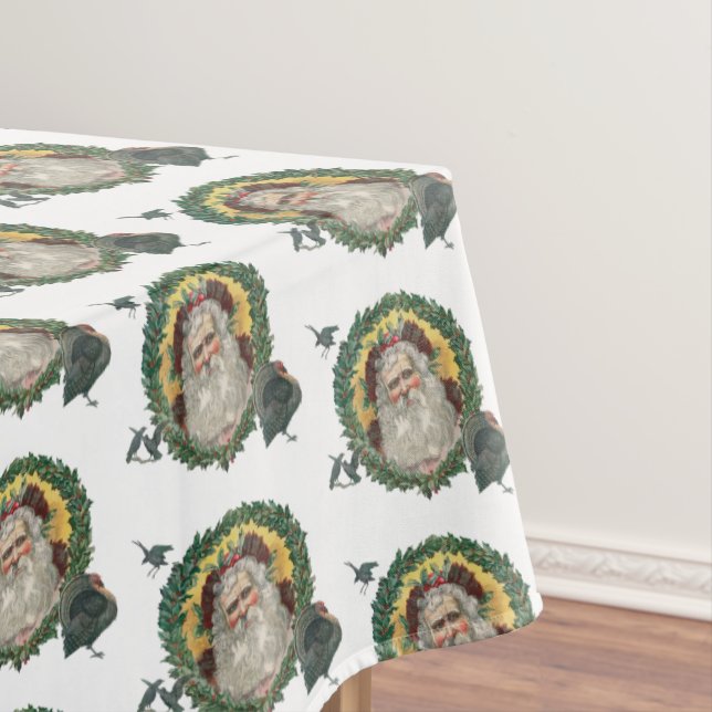 Vintage Christmas Santa Claus Turkeys Tablecloth (In Situ)