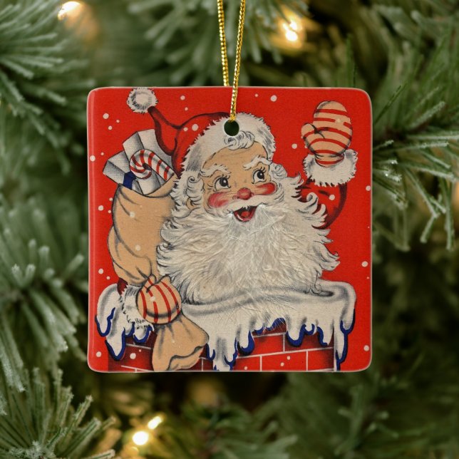 Vintage Christmas Santa Claus Waving Ceramic Ornament (Tree)