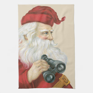 Vintage Christmas, Santa Claus with Binoculars Tea Towel