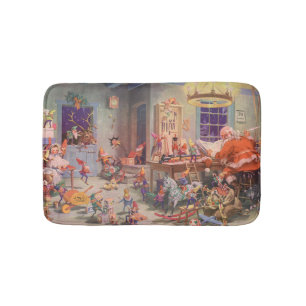 Vintage Christmas, Santa Claus with Elves Workshop Bath Mat