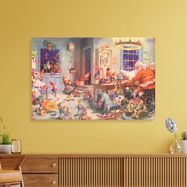 Vintage Christmas, Santa Claus with Elves Workshop Canvas Print (Insitu(LivingRoom))