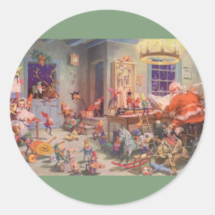 Vintage Christmas, Santa Claus with Elves Workshop Classic Round Sticker