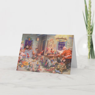Vintage Christmas, Santa Claus with Elves Workshop Holiday Card