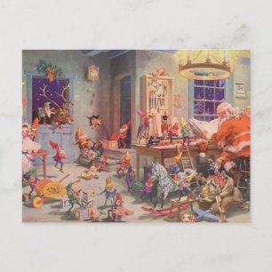 Vintage Christmas, Santa Claus with Elves Workshop Holiday Postcard