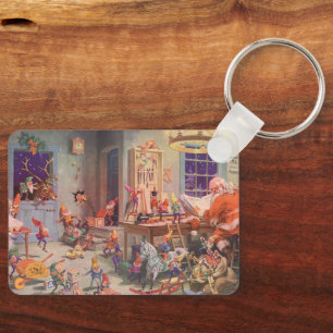 Vintage Christmas, Santa Claus with Elves Workshop Key Ring