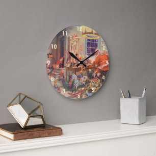 Vintage Christmas, Santa Claus with Elves Workshop Large Clock