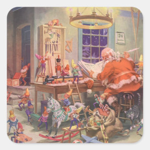 Vintage Christmas, Santa Claus with Elves Workshop Square Sticker