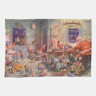 Vintage Christmas, Santa Claus with Elves Workshop Tea Towel