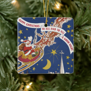 Vintage Christmas Santa Claus With Flying Reindeer Ceramic Ornament