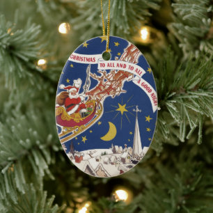 Vintage Christmas Santa Claus With Flying Reindeer Ceramic Tree Decoration